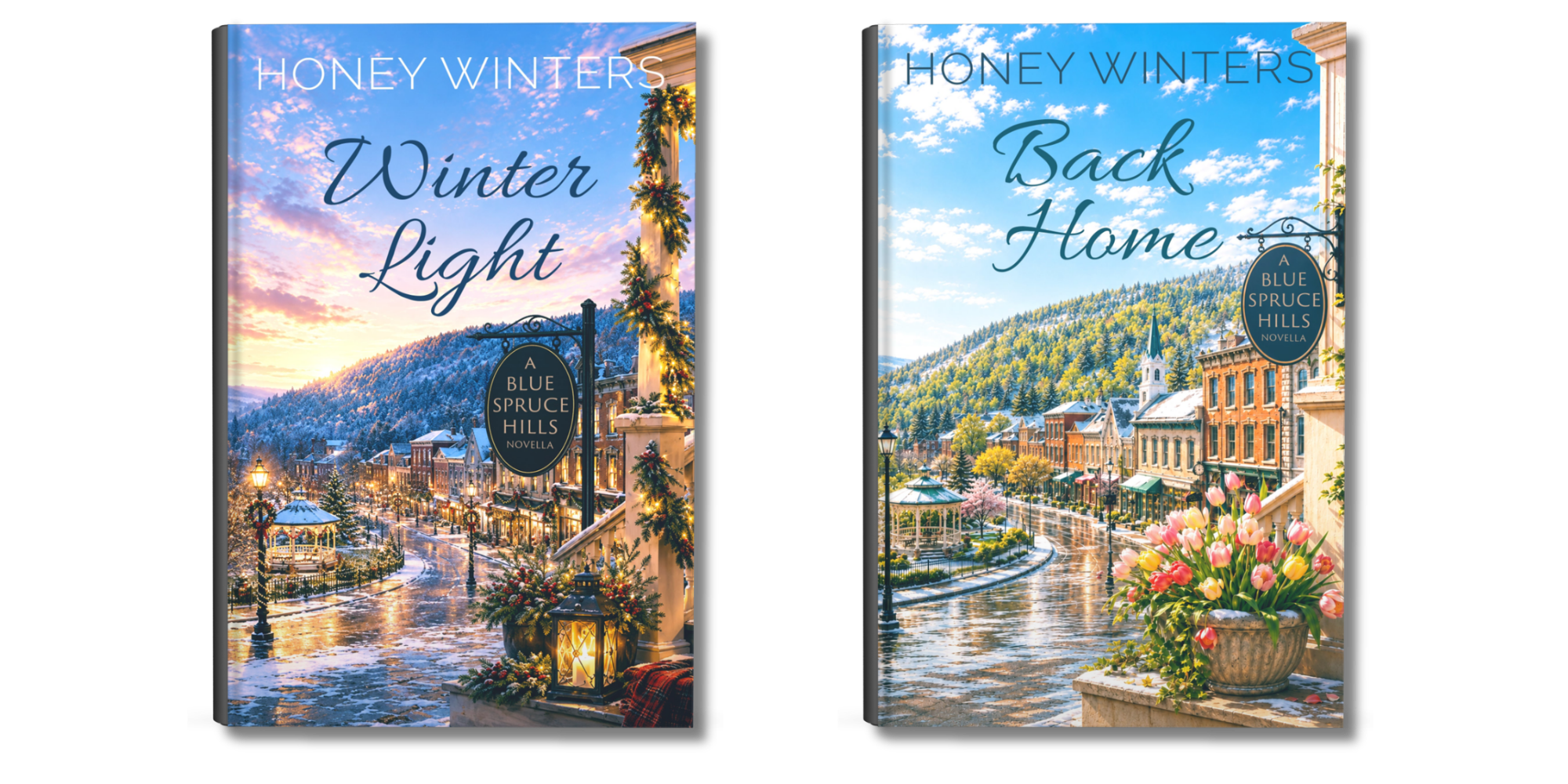 Two book covers: Winter Light and Back Home. Both by Honey Winters