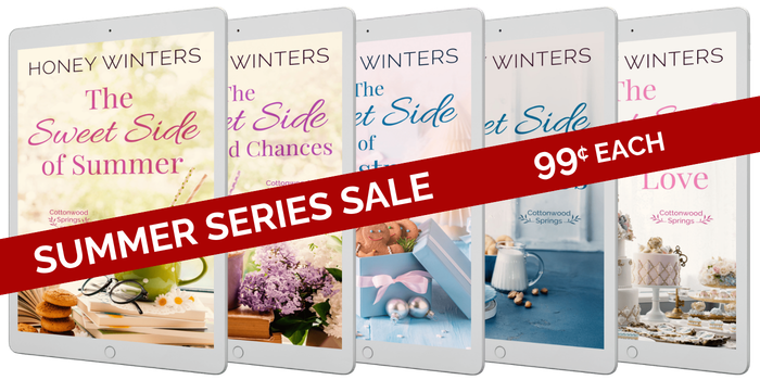 ebook covers for the cottonwood springs series with a banner announcing the series sale. All ebooks 99¢