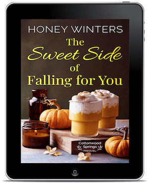 Book cover of the Sweet Side of Falling For You by Honey Winters. Two pumpkin lattes on a dark background.