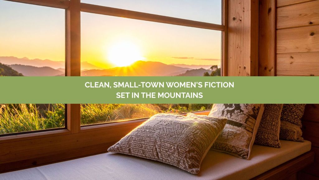 mountain sunset through a cozy cabin window. Text: Clean, small-town women's fiction set in the mountains